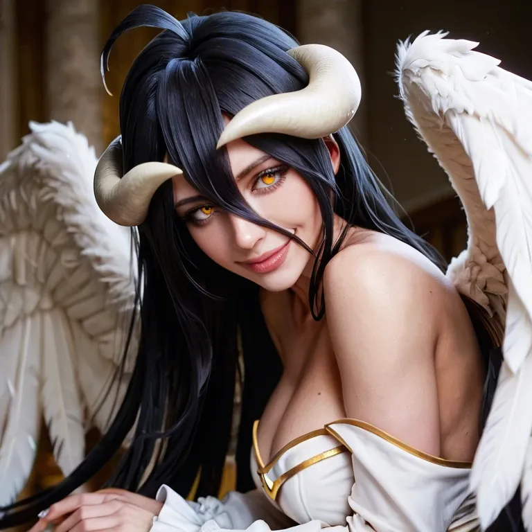 Albedo (Overlord), A female character with long black hair and bangs, gently smile, golden irises, two thick-crooked-beige horns from her temples, and a pair of black angel wings on her waist. She wears a black dress with a long pencil skirt featuring a high slit, silky gloves, black high heels, and a golden spiderweb necklace that covers her chest. She stands dynamically in a dark tomb background, cracked floor.