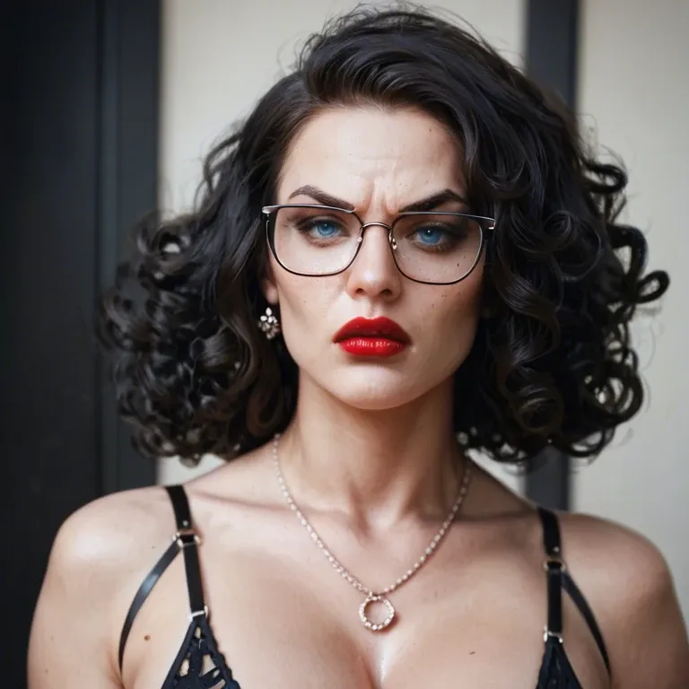 pale white skin, deep blue eyes, red lipstick, annoyed facial expression, black curly hair, c-cup black-rimmed glasses wearing strapped heels and being totally naked