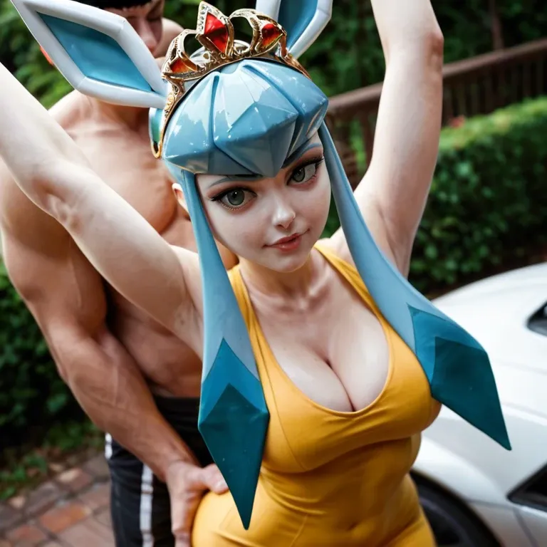 1girl,1boy, , , , machine,bare arms,deep cleavage,absurd details,elbow, stretching,selfie arms,round big tits,hips grab,pale woman, yellow dress,glaceon,crown,red corset,platform heels, slit skirt,ice palace,racing gloves,latex bodysuit,sneakers, couch, street fighter, samus, ariel waifu