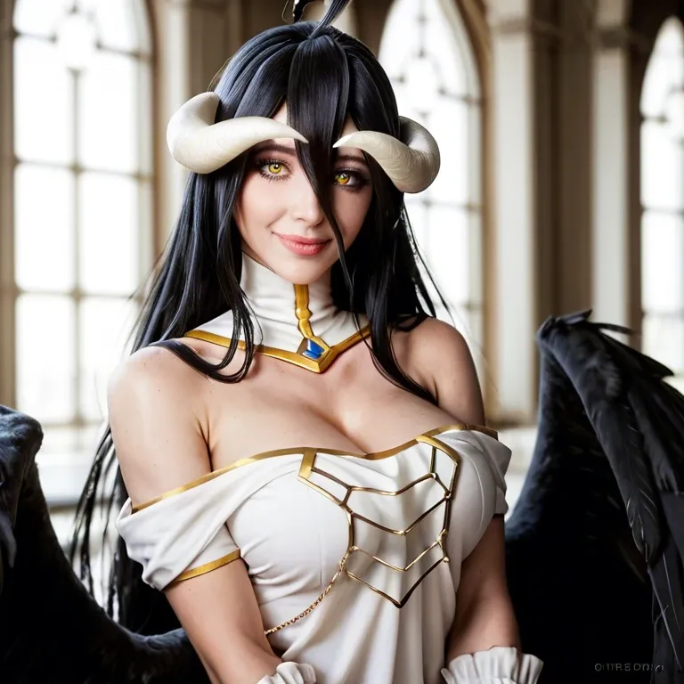 Albedo (Overlord), A female character with long black hair and bangs, gently smile, golden irises, two thick-crooked-beige horns from her temples, and a pair of black wings angel on her waist. She wears a blackdress with a long pencil skirt featuring a high slit, silky gloves, black high heels, and a golden spiderweb necklace that covers her chest. She stands dynamically in a dark tomb background, cracked floor.full body.