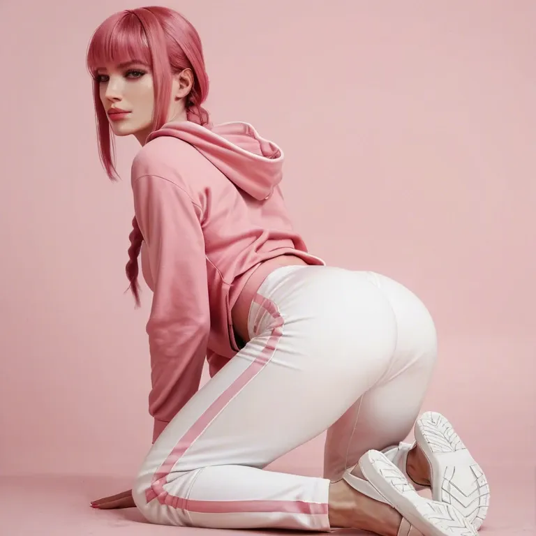 1girl, solo, Makima, white skin, pink hair, pink background, pink sports suit, hoodie, pants, pink makeup, medium chest, thin body, flat priest, moan, ass view, on knees