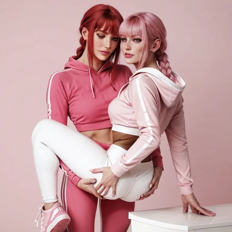 2girl, lesbian's, Makima, white skin, pink hair, pink background, pink sports hoodie, pink sports pants, pink sneakers, pink makeup, medium chest, thin body, flat priest, moan, grabbing ass, hugging, close up