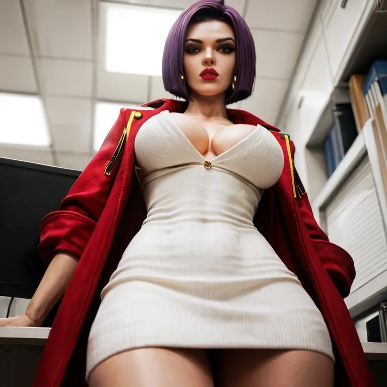 woman, downblouse, sweater, office, low angle shot, fv4lent, yellow_outfit_pink_thighighs, red, jacket, Faye, Valentine, bob, cut, 1girl, solo, big, breasts, green, eyes, purple, hair, hairband, <lora:RealDownblouseXL2:1>, <lora:SDXLHighDetail_v5:.5>, <lora:faye-anime:.5>, <lora:Faye:1.3>