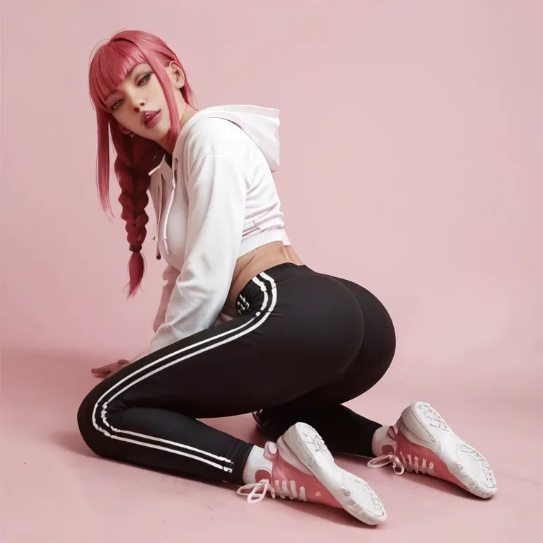 1girl, solo, Makima, white skin, pink hair, pink background, sports suit, hoodie, pants, pink makeup, medium chest, thin body, flat priest, moan, ass view, on knees