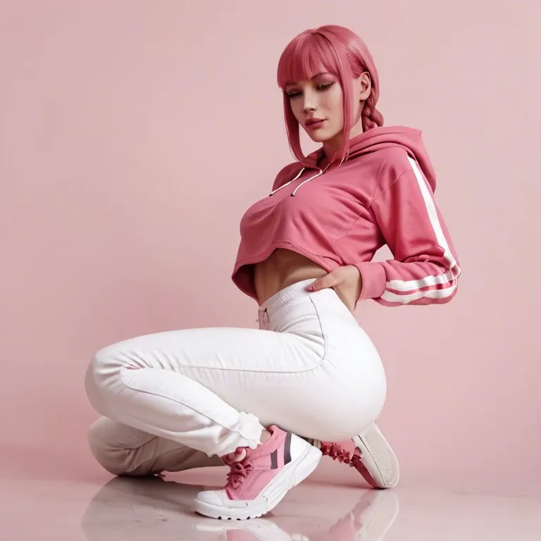 1girl, solo, Makima, white skin, pink hair, pink background, pink sports suit, hoodie, pants, sneakers, pink makeup, medium chest, thin body, flat priest, moan, grabbing buttocks, ass view, on knees