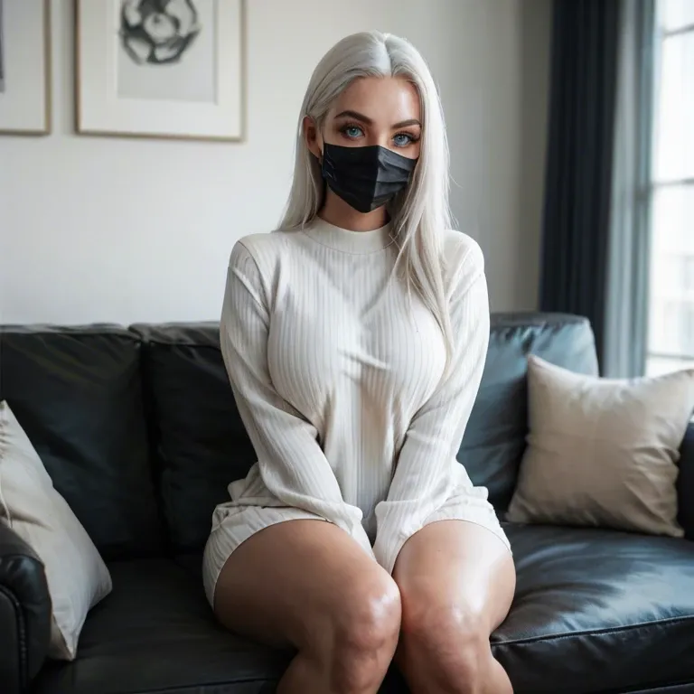 Smooth skin,huge boobs, thick hips, white skin, white hair, big eyes, blue eyes, black face mask, long sleeve, folds of fat, sitting