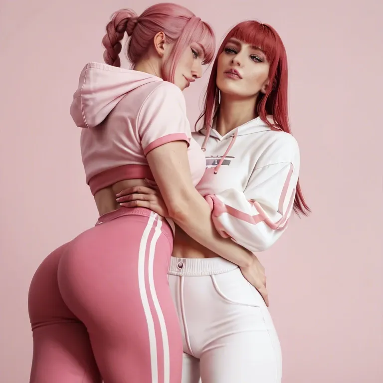 2girl, lesbian's, Makima, white skin, pink hair, pink background, pink sports hoodie, pink sports pants, pink sneakers, pink makeup, medium chest, thin body, flat priest, moan, grabbing ass, kiss, close up