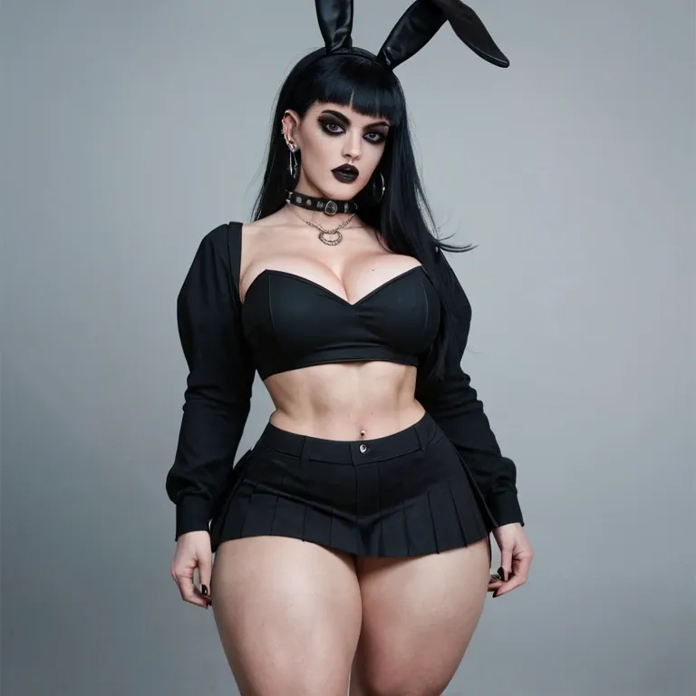 Thick thighs goth girl flutter mini skirt bunny ears headwear