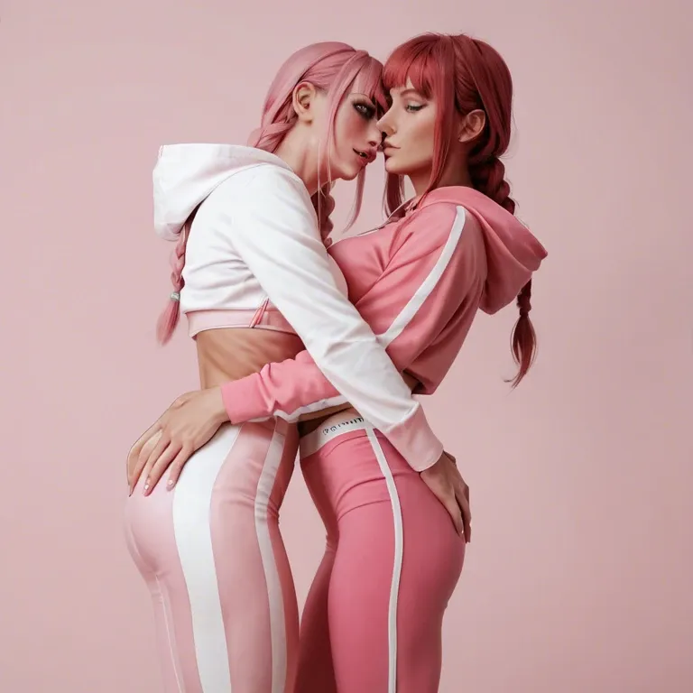 2girl, lesbian's, Makima, white skin, pink hair, pink background, pink sports hoodie, pink sports pants, pink sneakers, pink makeup, medium chest, thin body, flat priest, moan, grabbing ass, close up