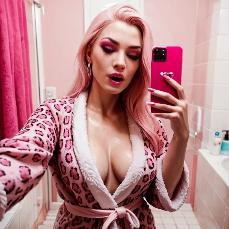 1girl, Solo, white skin, pink background, glamour, neon, pink leopard bathrobe, slutty, young, pink makeup, in bathroom, moan, smartphone, selfie