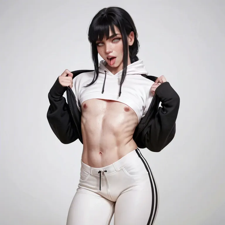 Makima, Femboy, feminine body, long black hair, white skin, freckles, white background, flat chest, perky belly, hoodie, pants, slutty, smartphone in hand, standing, moan, ahegao