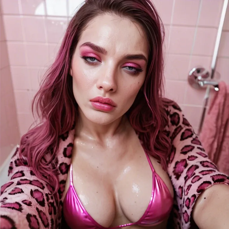 1girl, Solo, white skin, pink background, glamour, neon, pink bikini, pink leopard robe, slutty, young, pink makeup, in bathroom, tired, moan, smartphone, selfie