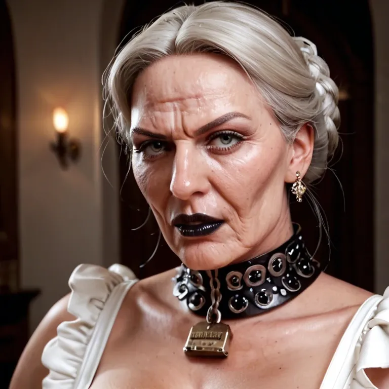 woman, Full body, British Victorian headmistress, gran, grandma, facial wrinkles, black lipstick, very mature angry mistress, 80 years old, milf body, wearing shiny metal large thick collar, with metal shiny large padlock, wearing glasses, Victorian Edwardian shiny black hair, (((hair bun))), blue lipstick, black lips, light gray eyes, blue silver diamonds earrings, pale skin, angry attitude, arrogant attitude, dominant face, bitchy face, ((Looks disapproving at the camera:1.3)), looking very upset and angry at camera, looking at the viewer, intense stare, look at the viewer, eye contact, looking at camera, naked, (((big silicon tits))), heavy breast, massive bimbo tits, ginormous boobs, MM cup breasts, open bust, top less, wearing white glossy fully fashioned stockings with black back seam, with dark red garter belt, wearing soft lace satin ruffle blue bra, wearing white ruffle transparent see trough white shirt, transparent see trough under crop open bust satin blue blazer, all buttons open, wearing black n