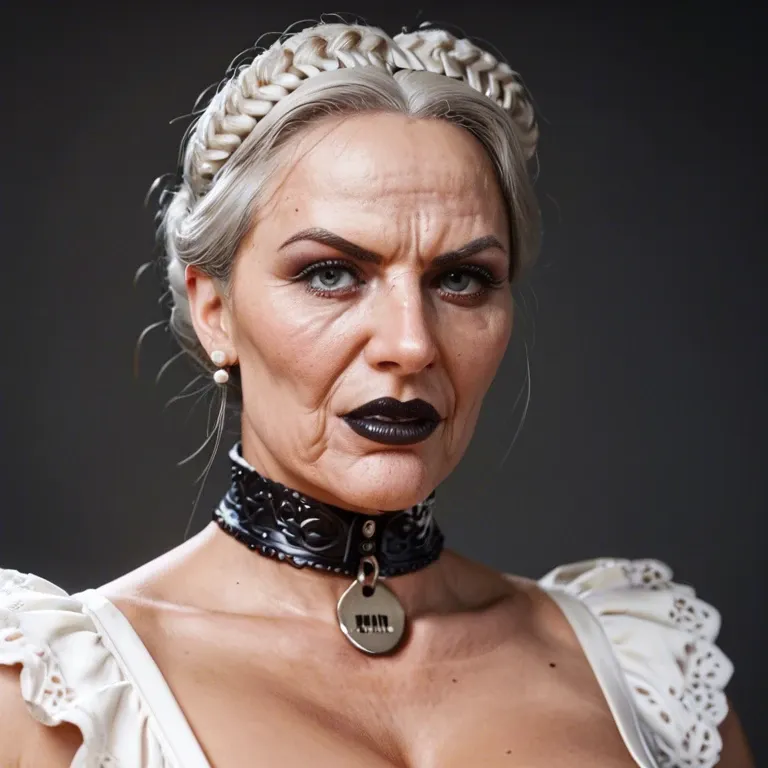 woman, Full body, British Victorian headmistress, gran, grandma, facial wrinkles, black lipstick, very mature angry mistress, 80 years old, milf body, wearing shiny metal large thick collar, with metal shiny large padlock, wearing glasses, Victorian Edwardian shiny black hair, (((hair bun))), blue lipstick, black lips, light gray eyes, blue silver diamonds earrings, pale skin, angry attitude, arrogant attitude, dominant face, bitchy face, ((Looks disapproving at the camera:1.3)), looking very upset and angry at camera, looking at the viewer, intense stare, look at the viewer, eye contact, looking at camera, naked, (((big silicon tits))), heavy breast, massive bimbo tits, ginormous boobs, MM cup breasts, open bust, top less, wearing white glossy fully fashioned stockings with black back seam, with dark red garter belt, wearing soft lace satin ruffle blue bra, wearing white ruffle transparent see trough white shirt, transparent see trough under crop open bust satin blue blazer, all buttons open, wearing black n