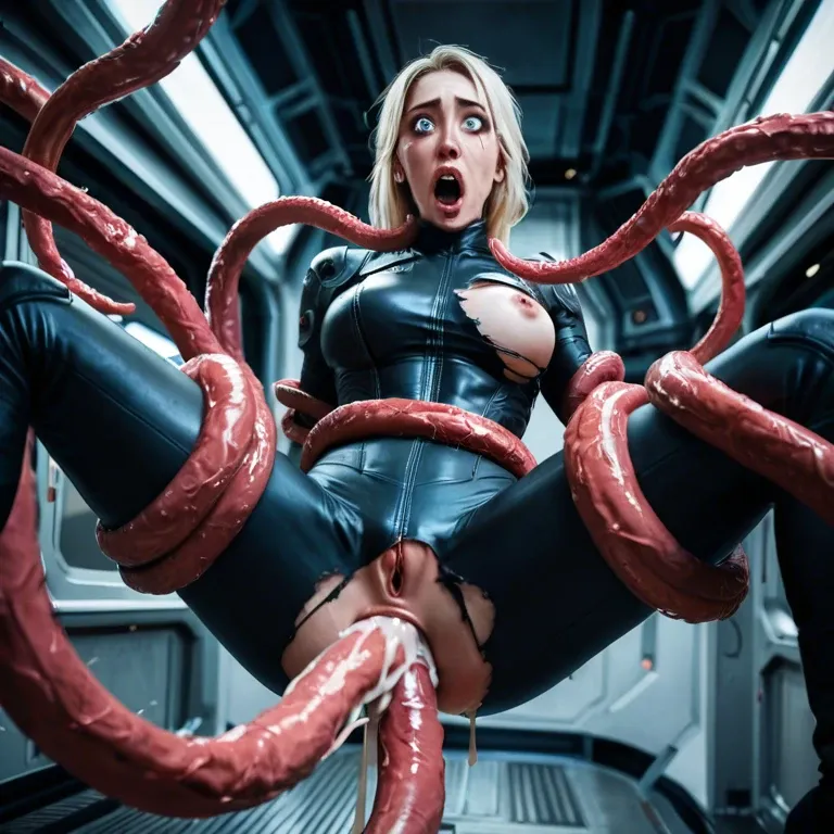 ripped uniform, wide eyes, shocked, tearful, anal, deep anal penetration, tentacles, tentacles wrapped around arms and legs ,rough sex, wide eyes, extreme wide eyes, screaming, excessive cum, spacecraft, blonde, face down ass up, ponytail