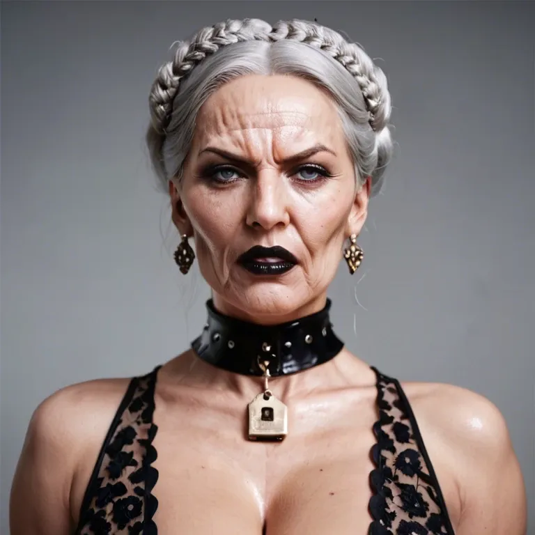 woman, Full body, British Victorian headmistress, gran, grandma, facial wrinkles, black lipstick, very mature angry mistress, 80 years old, milf body, wearing shiny metal large thick collar, with metal shiny large padlock, wearing glasses, Victorian Edwardian shiny black hair, (((hair bun))), blue lipstick, black lips, light gray eyes, blue silver diamonds earrings, pale skin, angry attitude, arrogant attitude, dominant face, bitchy face, ((Looks disapproving at the camera:1.3)), looking very upset and angry at camera, looking at the viewer, intense stare, look at the viewer, eye contact, looking at camera, naked, (((big silicon tits))), heavy breast, massive bimbo tits, ginormous boobs, MM cup breasts, open bust, top less, wearing white glossy fully fashioned stockings with black back seam, with dark red garter belt, wearing soft lace satin ruffle blue bra, wearing white ruffle transparent see trough white shirt, transparent see trough under crop open bust satin blue blazer, all buttons open, wearing black n