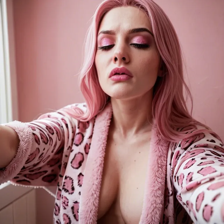 1girl, Solo, white skin, pink background, glamour, neon, pink leopard robe, slutty, young, pink makeup, in bathroom, tired, moan, smartphone, selfie