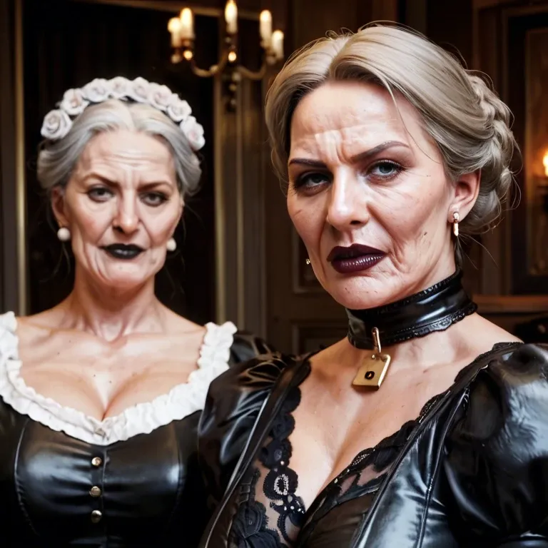 woman, Full body, British Victorian headmistress, gran, grandma, facial wrinkles, black lipstick, very mature angry mistress, 80 years old, milf body, wearing shiny metal large thick collar, with metal shiny large padlock, wearing glasses, Victorian Edwardian shiny black hair, (((hair bun))), blue lipstick, black lips, light gray eyes, blue silver diamonds earrings, pale skin, angry attitude, arrogant attitude, dominant face, bitchy face, ((Looks disapproving at the camera:1.3)), looking very upset and angry at camera, looking at the viewer, intense stare, look at the viewer, eye contact, looking at camera, naked, (((big silicon tits))), heavy breast, massive bimbo tits, ginormous boobs, MM cup breasts, open bust, top less, wearing white glossy fully fashioned stockings with black back seam, with dark red garter belt, wearing soft lace satin ruffle blue bra, wearing white ruffle transparent see trough white shirt, transparent see trough under crop open bust satin blue blazer, all buttons open, wearing black n