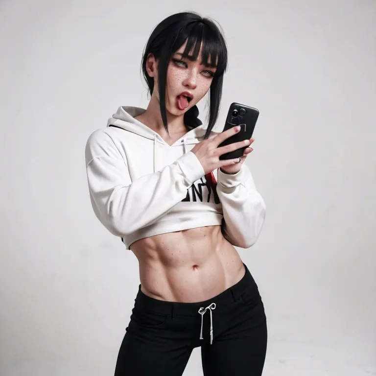 Makima, Femboy, feminine body, long black hair, white skin, freckles, white background, flat chest, flat belly, hoodie, pants, slutty, smartphone in hand, standing, moan, ahegao