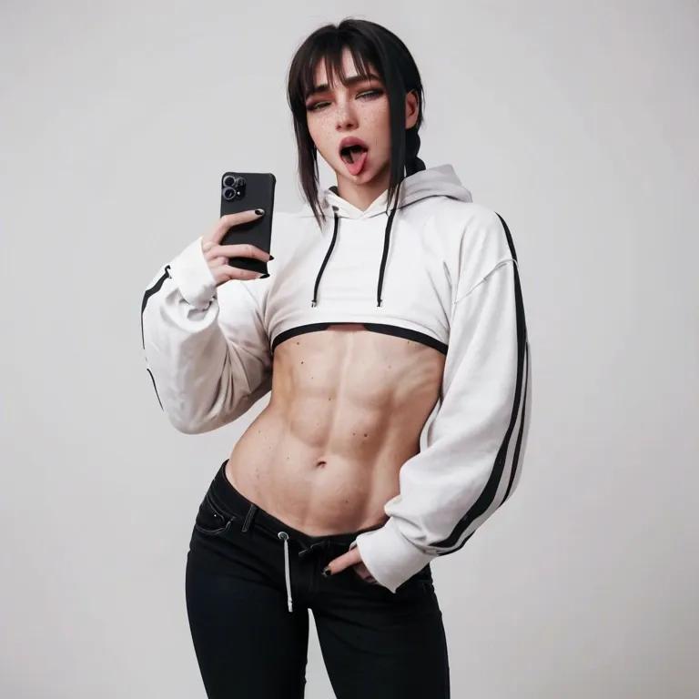 Makima, Femboy, feminine body, long black hair, white skin, freckles, white background, flat chest, round belly, hoodie, pants, slutty, smartphone in hand, standing, moan, ahegao