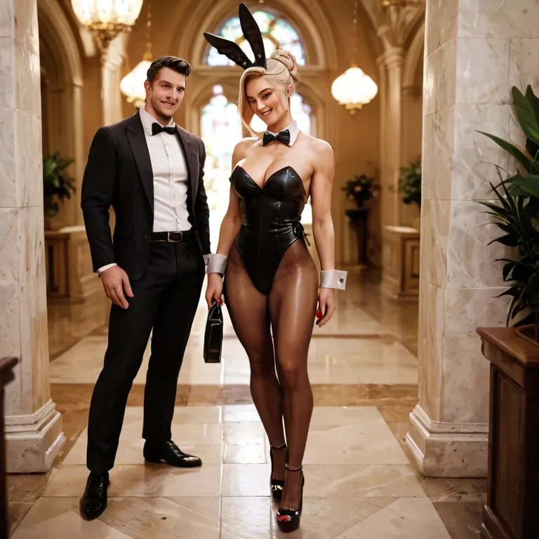 Blonde, hairbun, bunny costume, long red nails, high heels, standing between two men, holding their cocks, smile