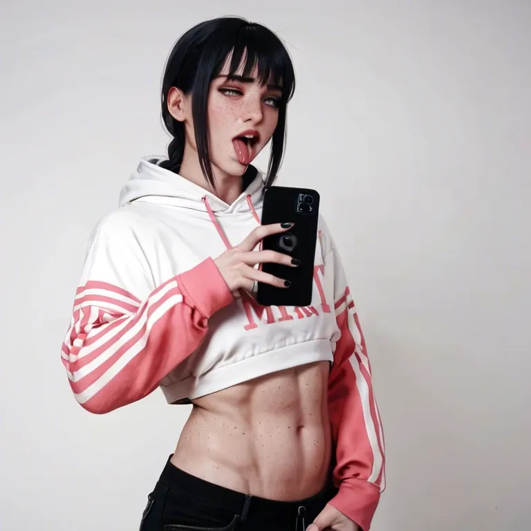 Makima, Femboy, feminine body, long black hair, white skin, freckles, white background, flat chest, thin belly, hoodie, pants, slutty, smartphone in hand, standing, moan, ahegao