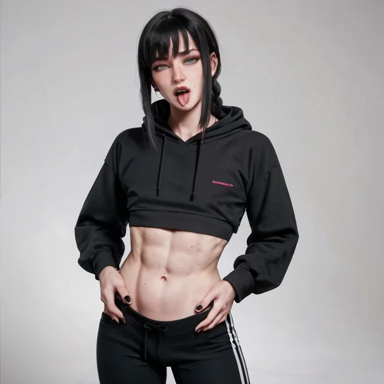 Makima, Femboy, feminine body, long black hair, white skin, freckles, white background, flat chest, perky tummy, hoodie, pants, slutty, smartphone in hand, standing, moan, ahegao