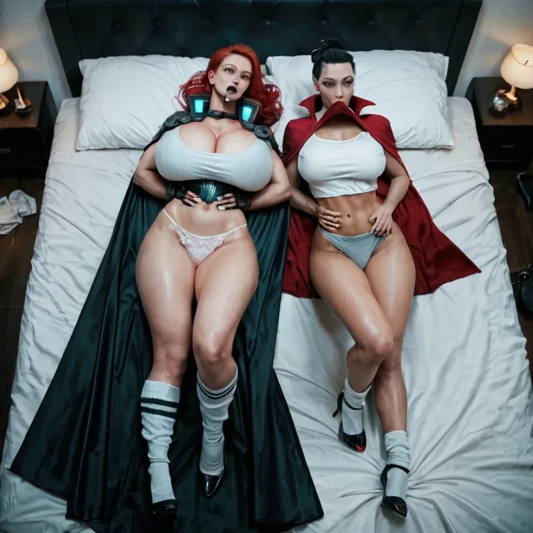 2girl, , , , fisheye view,forearm,huge breast,waist grab,elbow, shirt in mouth,baggy socks,cape,cotton panties,high heels, barren, male restrained, cyberpunk, lying on bed, super mario, wonder woman