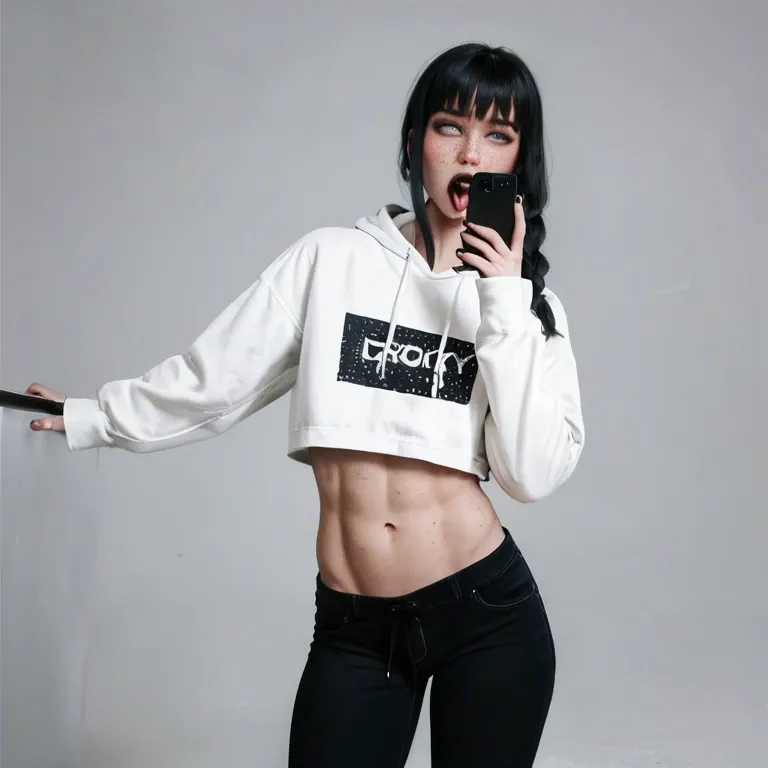 Makima, Femboy, feminine body, long black hair, white skin, freckles, white background, flat chest, perky belly, hoodie, pants, slutty, smartphone in hand, standing, moan, ahegao