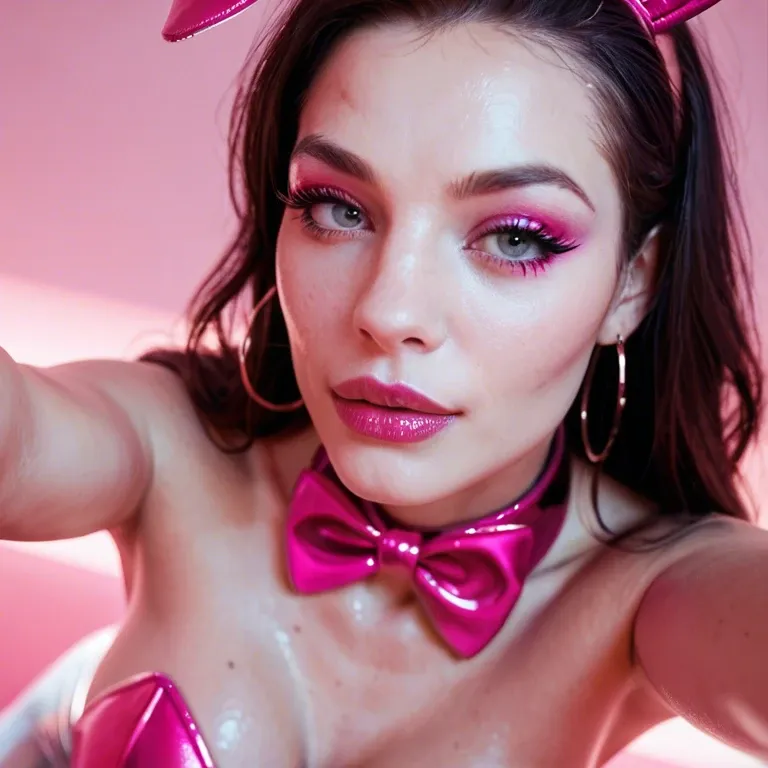 1girl, Solo, white skin, pink background, glamour, neon, sexy bunny suit, slutty, young, pink makeup, moan, selfie