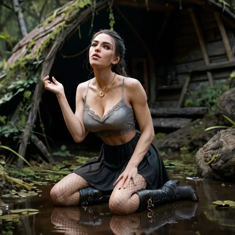 1girl,solo, , , , twitching,detailed hand,round tits,swamp cabin,bare shoulders, slit skirt,black fishnet,gold jewelry,gray sports bra,black boots, nightgown,golden necklace,red sunglasses,blue bodysuit,shoes, tied shirt,socks,beaded jewelry,wet panties,brown boots, maebari, trained thighs, cyberpunk, robot body, realistic style, dark green gown, ariel, dynamic angle