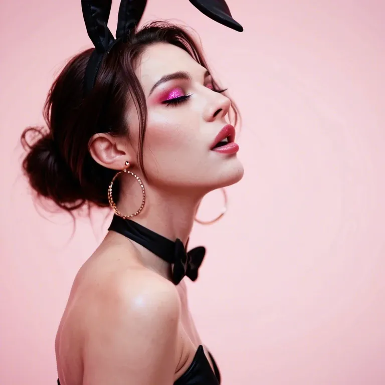 1girl, Solo, white skin, pink background, glamour, neon, sexy black bunny suit, slutty, young, pink makeup, moan, side view