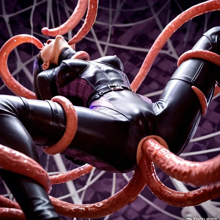 Femboy show dick, Tentacles background, double Anal, oral, in air, immobilize arm, grabbing, Violet Parr, plaid holed in the crotch bodysuit, scared, petite, head back