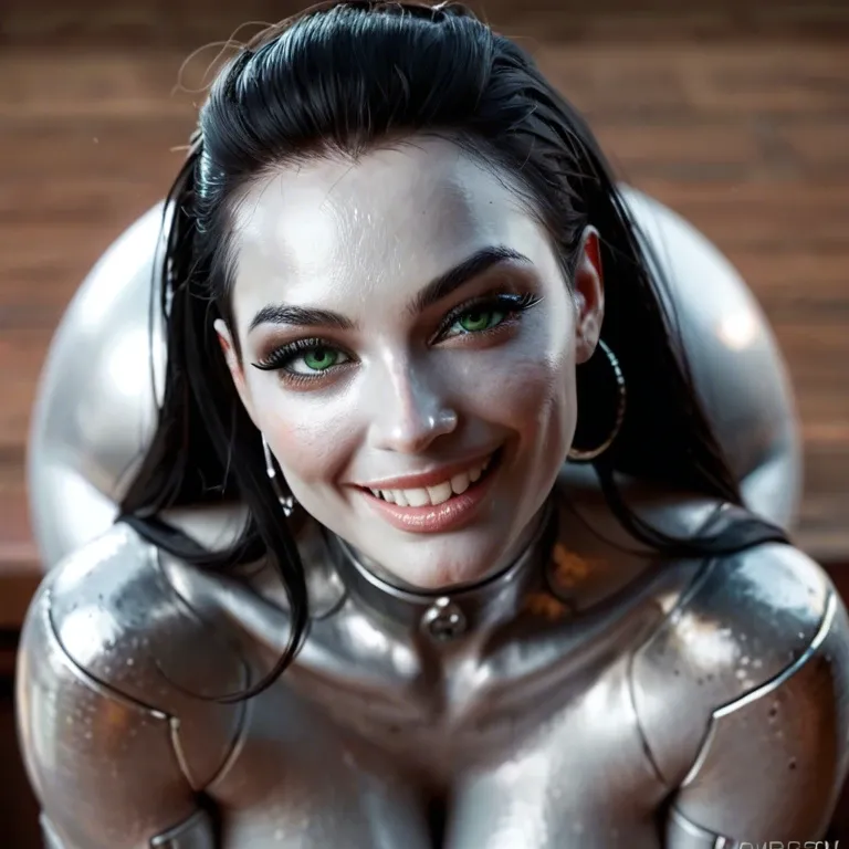 A sexy woman, metallic silver skin, cute, thick black eyeliner, huge eyelashes, long black hair, happy, playful, smiling, cheeky, seductive pose, inviting look, large natural perfect breasts, big ass, intense green eyes, showing pussy