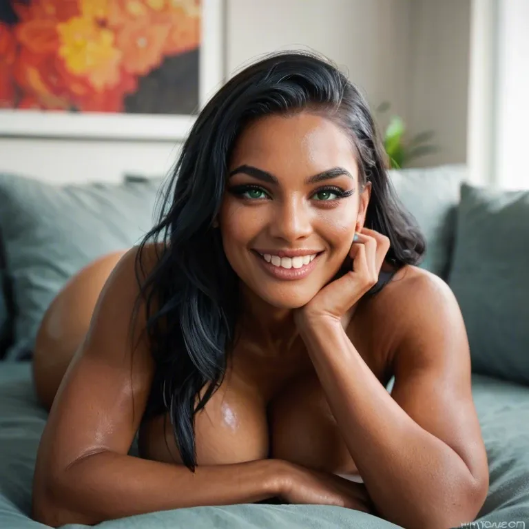 A sexy woman, dark blue skin, cute, thick black eyeliner, huge eyelashes, long black hair, happy, playful, smiling, cheeky, seductive pose, inviting look, large natural perfect breasts, big ass, intense green eyes, showing pussy