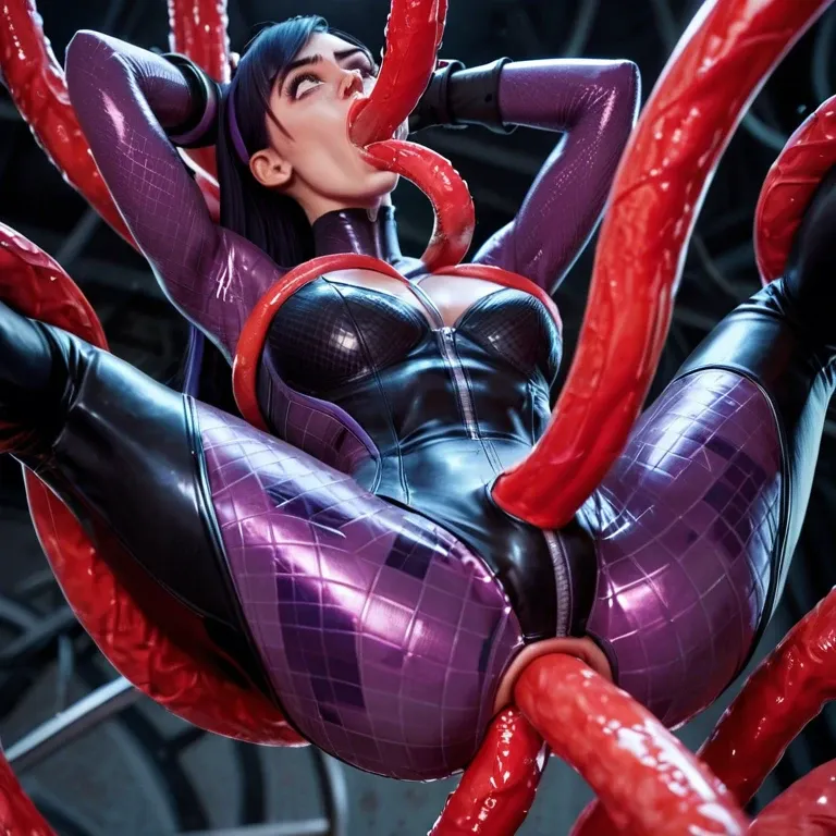 Tentacles background, double Anal, deepthroat, in air, immobilize arm, grabbing, Violet Parr, femboy, plaid holed in the crotch bodysuit, scared, petite, resists