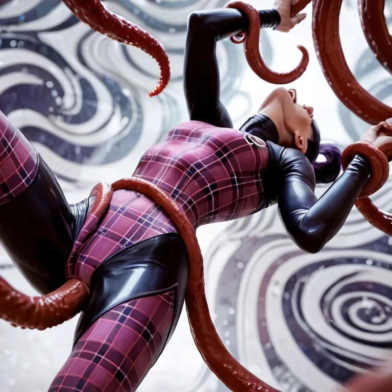 Femboy exposed dick, Tentacles background, multiple sex, in air, immobilize arm, grabbing, Violet Parr, plaid holed in the crotch bodysuit, scared, petite, head back