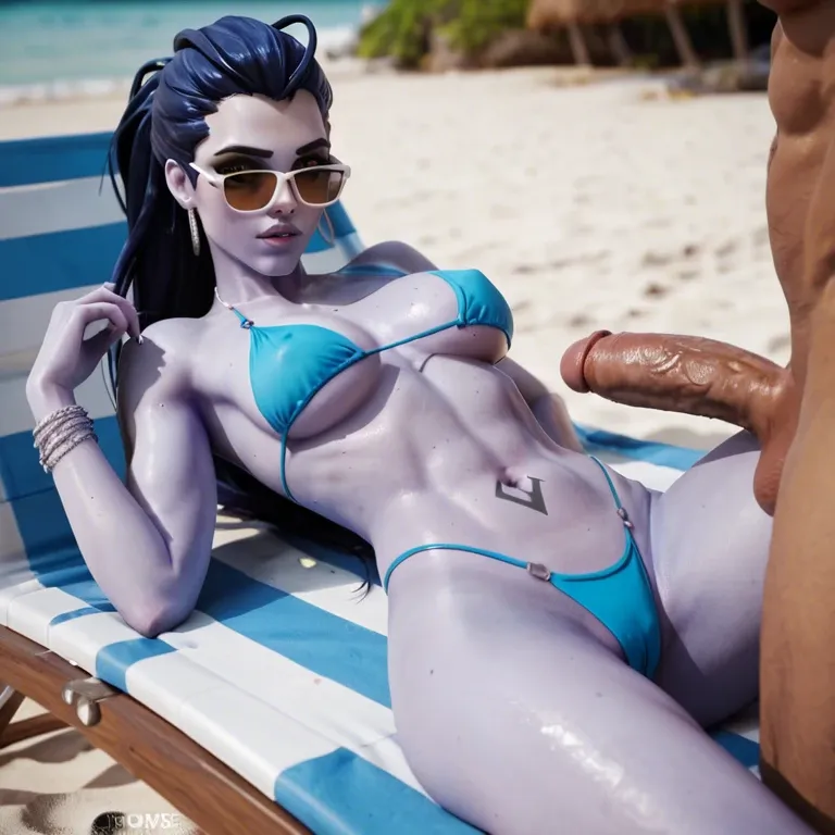 Widowmaker from Overwatch is a hermaphrodite with a penis..   Wearing sunglasses and a teal bikini.  Lying on her back a beach chair.  Her long penis (matches her skin tone) is sticking out of the bikini bottom.