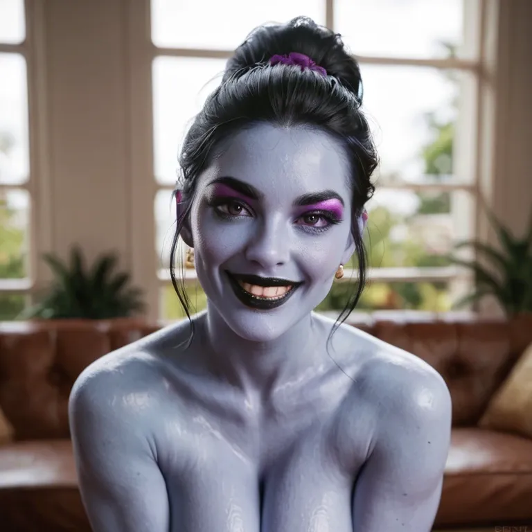 A sexy woman, blue skin, cute, thick black eyeliner, huge eyelashes, violet eyeshadow, black lipstick, very thin eyebrows, long black hair, happy, playful, smiling, cheeky, seductive pose, inviting look, large natural perfect breasts, big ass, intense green eyes