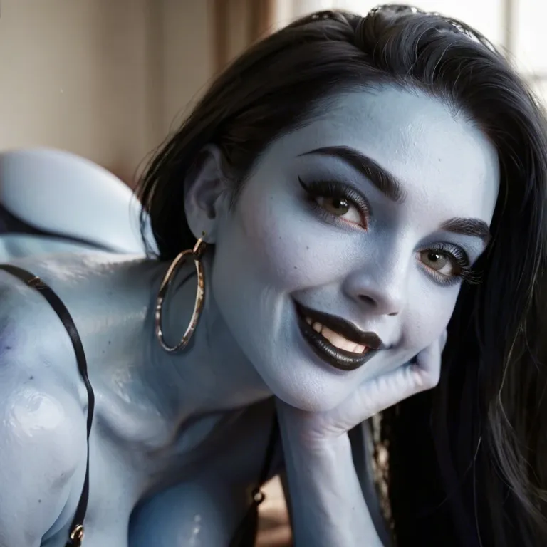 A sexy woman, blue skin, cute, thick black eyeliner, huge eyelashes, black lipstick, very thin eyebrows, long black hair, happy, playful, smiling, cheeky, seductive pose, inviting look, large natural perfect breasts, big ass, intense green eyes