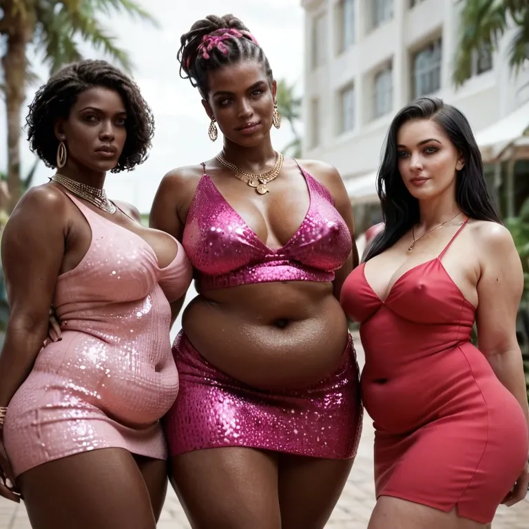 African , belly fat, glitter pink dress, big tits, black woman, nipple, fatass, overweight, thigh, 3girls, dumb face,