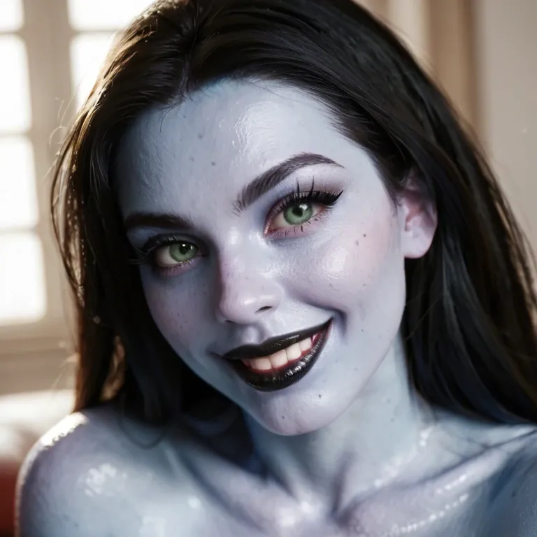 A sexy woman, blue skin, cute, thick black eyeliner, huge eyelashes, black lipstick, long black hair, happy, playful, smiling, cheeky, seductive pose, inviting look, large natural perfect breasts, big ass, intense green eyes, showing pussy, body painted with black stripes