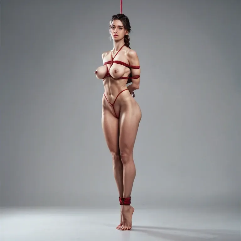 Young woman with huge saggy tits and long legs is tied up, the rope ties her hands together, unties her saggy tits and runs between her legs, to her back, where it knotted, the rope is stretched so tightly that it disappears between her labia, her legs are tied together with a second rope, the ends of the second rope are tied to the end  of the upper rope, her milk is running out of her huge, hanging milk tits, as she is gagged with a spreader gag, she drools continuously, her bound legs are spread apart by a spreader bar pressed, a dildo is completely in her pussy, the rope pushes it in and also disappears in her pussy, she is about to expire