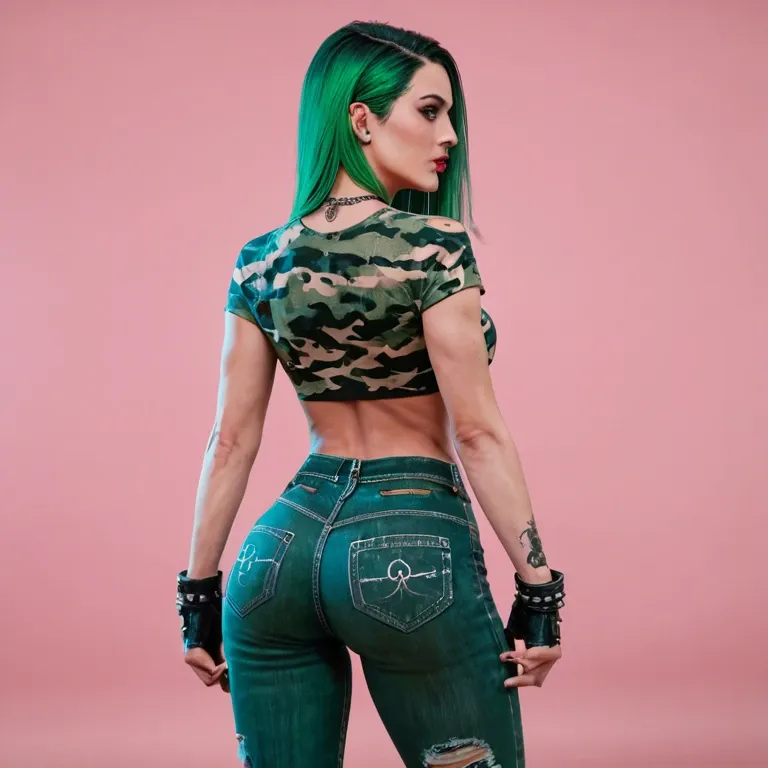 Solo, dark, neon, pink background, jeans booty, rear view, green camouflage crop tops, pale skin, thigh high long black socks, black sneakers, goth, green hair, grey eyes, thin, petite, Nina Williams, raw, upscaled, realistic, detailed