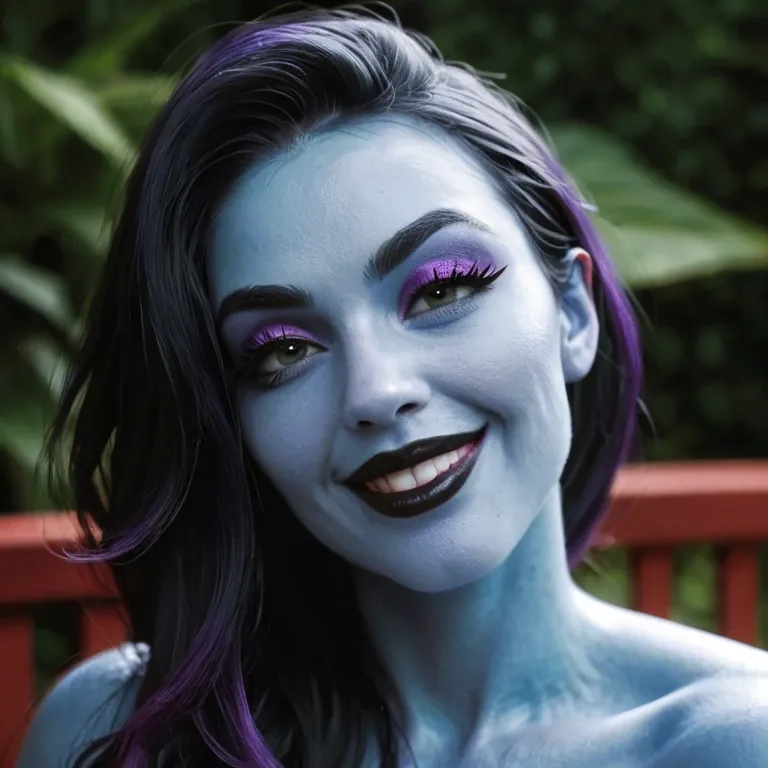 A sexy woman, blue skin, cute, thick black eyeliner, huge eyelashes, violet eyeshadow, violet rouge, black lipstick, very thin eyebrows, long black hair, happy, playful, smiling, cheeky, seductive pose, inviting look, large natural perfect breasts, big ass, intense green eyes, showing pussy and butt-hole, black nipples, black pussy