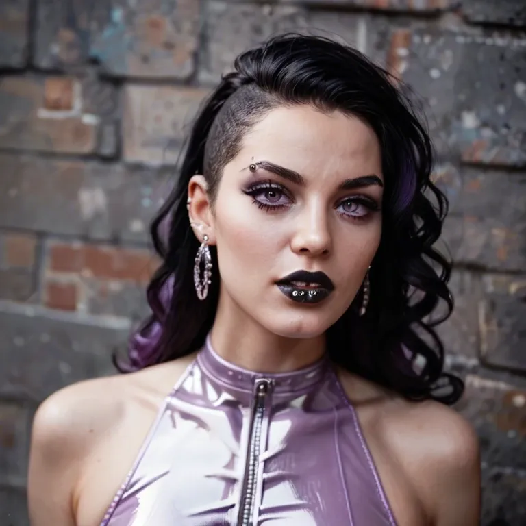 Posh French goth babe, long curly black hair, silver hooped earrings, black lip piercing, slim body, very petite, lavender  latex bdsm clothing, lavender Louis Vuitton,  , sharp facial features, perfect face, woman having  extremely rough interracial sex, rough sex, woman being groped from multiple angles, group sex