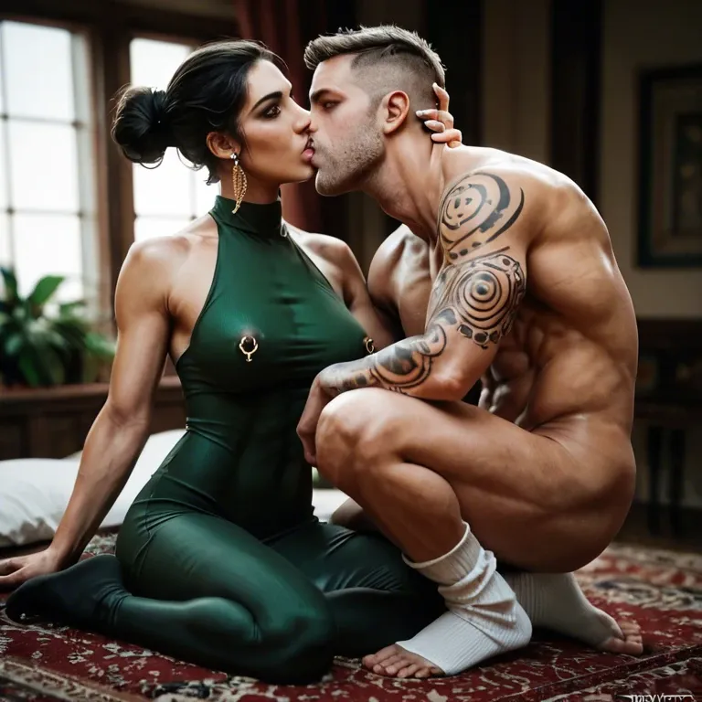 1girl,1boy, , , , black eyes,arm tattoos,perky tits,arabian,grey skin, arching,feet tied,nipple ring,tight abs,kissing neck, dark green gown,baggy socks,lace panties,lace bra,gothic boots, gamer bedroom, dark forest, medieval, riding a dildo, belle, waifu