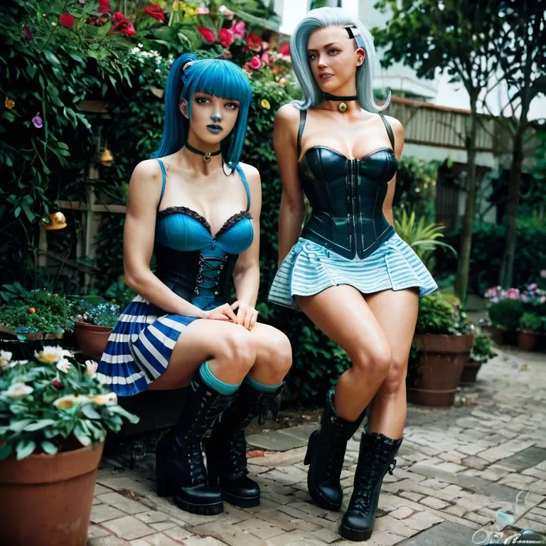 2girl, , , , blue lipstick,knees up,firm breasts,hips,trixie tang, striped skirt,socks,bell choker,corset piercing,boots, oozora subaru, garden, cyberpunk, detailed body, bright eyes, 2b, wonder woman, rapunzel waifu