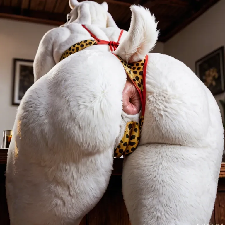 toriel from undertale, milf, massive sagging boobs, huge covered nipples, thick camel toe, cheetah pattern bikini, furry, from behind view, uncovered anus, penis on butt