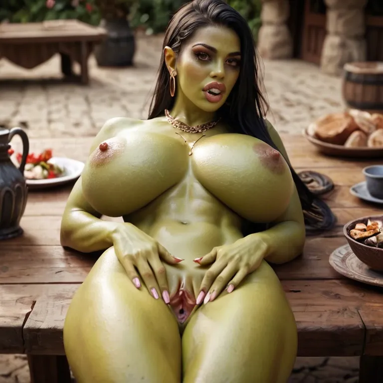 Goblin girl, slave market, extremely beautiful, detailed face, front perspective, green skin, goblin teeth, natural bimbo body, extremely beautiful, naked, giant hips, very shy face expression, lying on table, showing spreading pussy lips, pov, looking at viewer, handjob